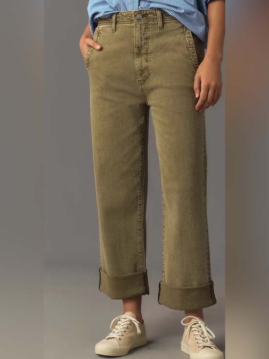 Pilcro Pants - The Lonnie Cuffed High-Rise Crop Jeans by Pilcro army green size 31